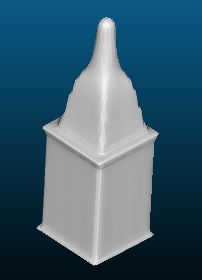 3D render of a tall square building with a pointed roof