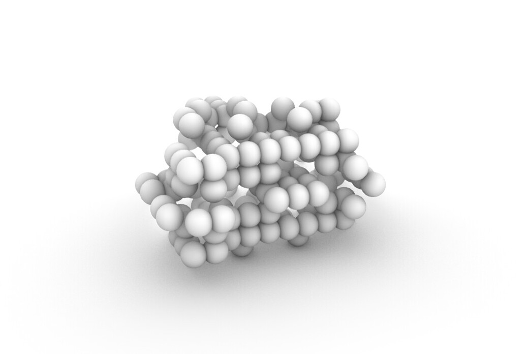 A rendered 3D image of dozens of white spheres, smaller and densely packed, against a white background