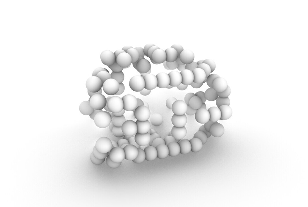 A rendered 3D image of dozens of white spheres, more sparsely packed, against a white background