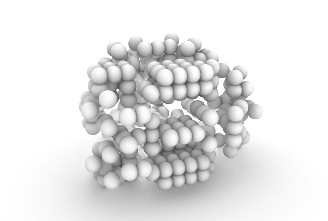 A rendered 3D image of dozens of white spheres, densely packed, against a white background